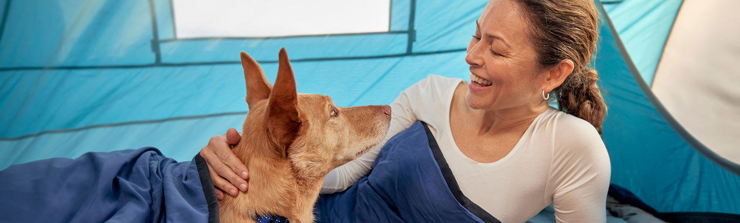 woman-and-dog-camping-in-tent-dog-sleeping-bag