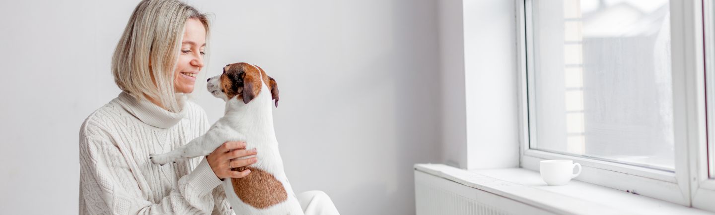 A-woman-is-playing-cushioned-with-a-small dog-on-her-lap