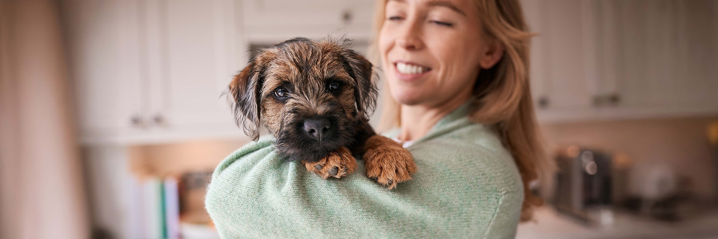 A smiling pet owner holding their healthy small dog at home, illustrating the positive lifestyle and care possible for dogs living with diabetes