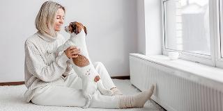 A-woman-is-playing-cushioned-with-a-small dog-on-her-lap